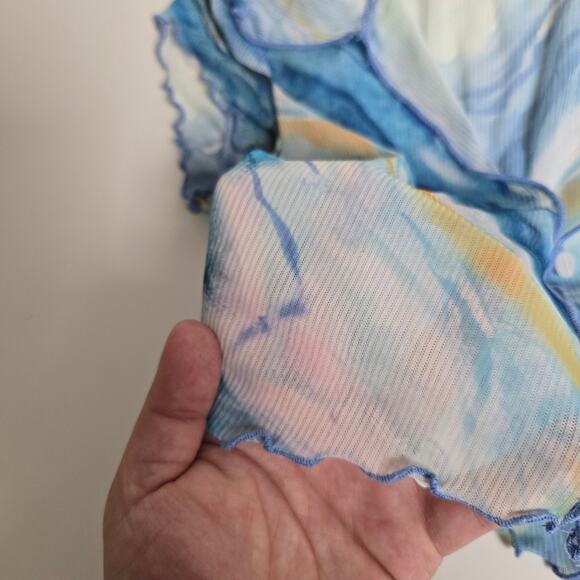 Urban Outfitters Blue Yellow Marble Print Geneva Sheer Mesh Crop Top size XS - Picture 5 of 7